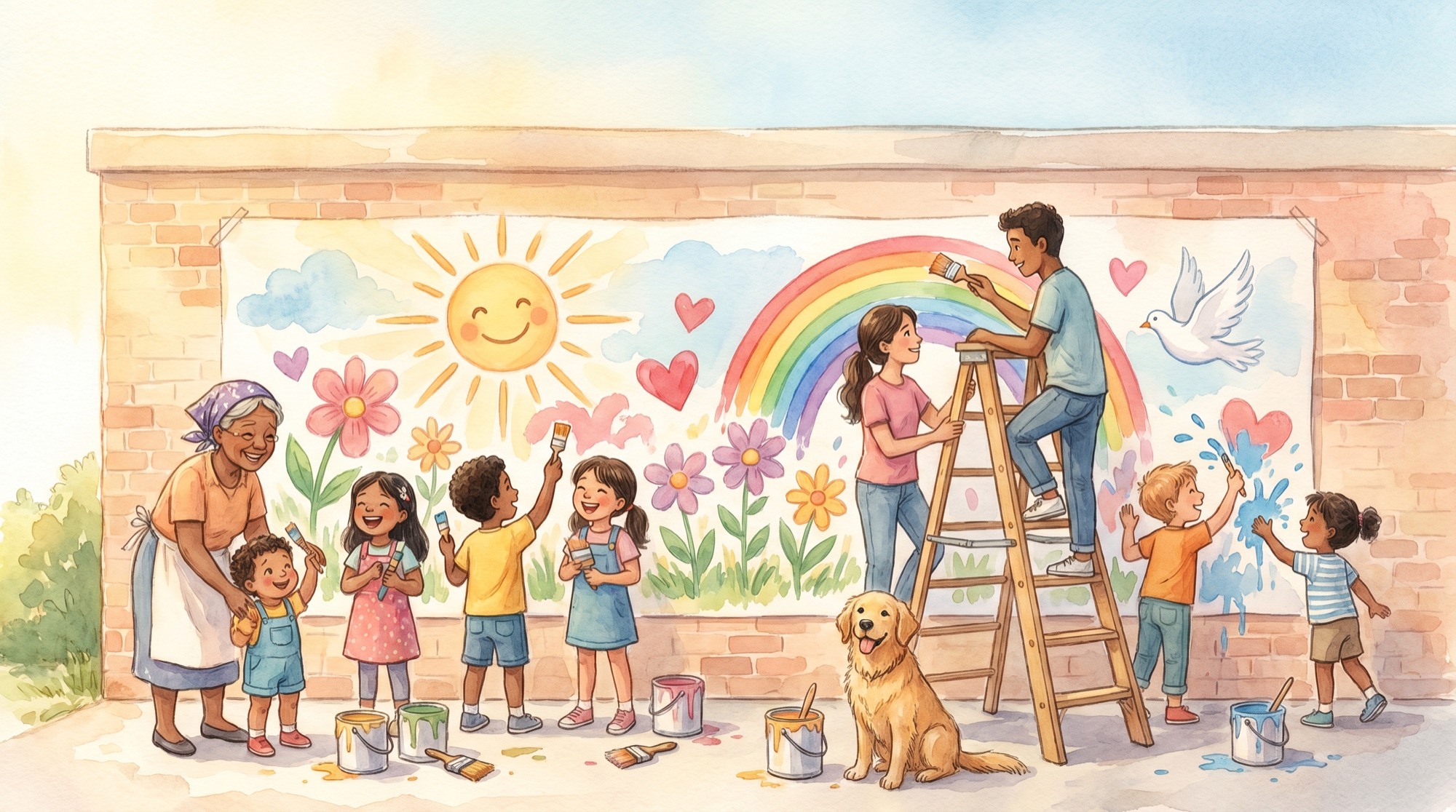 A community painting a mural together